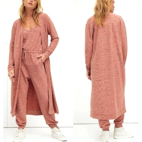 Free People Beach Bi-Coastal Pink Duster Cardigan Sz M Open Front Long Pockets - Picture 10 of 14